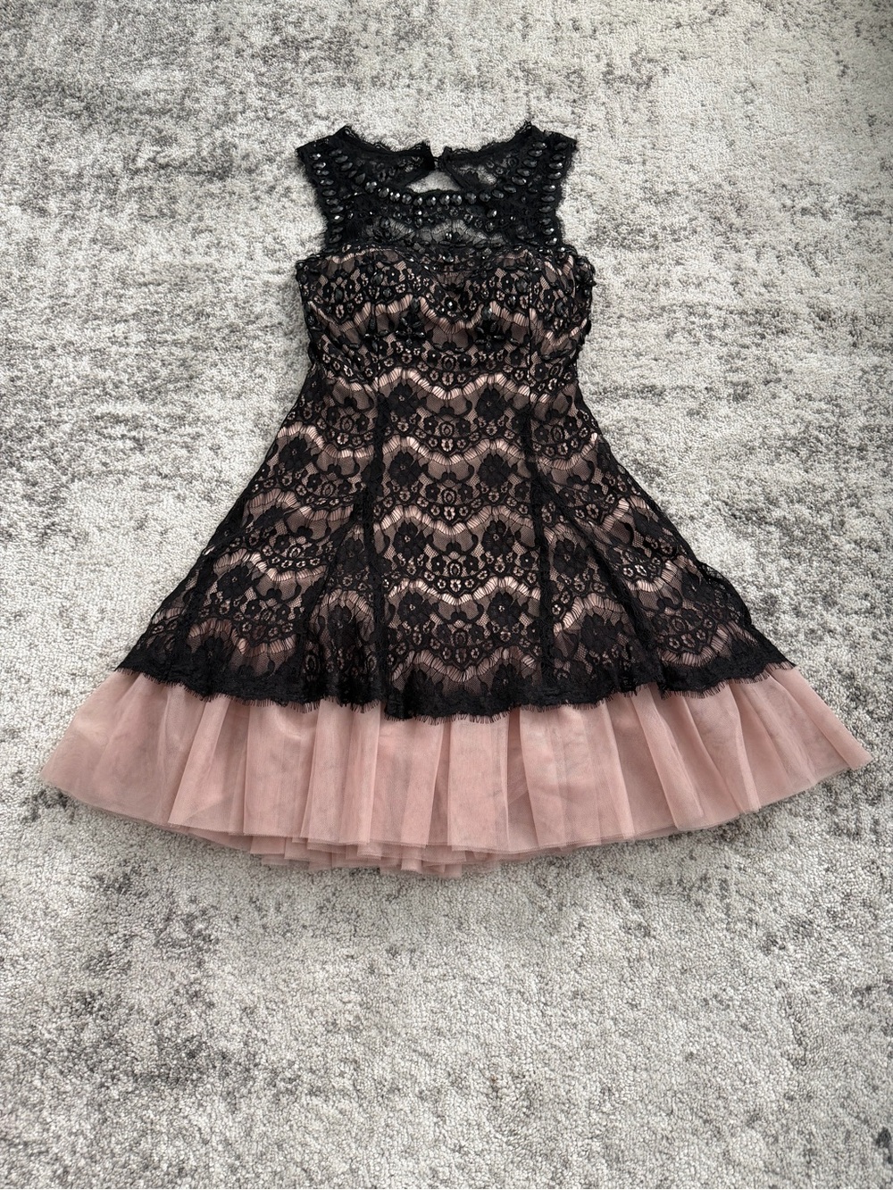 Betsy & Adam Black Lace Overlay on Pink Tulle Party Dress
